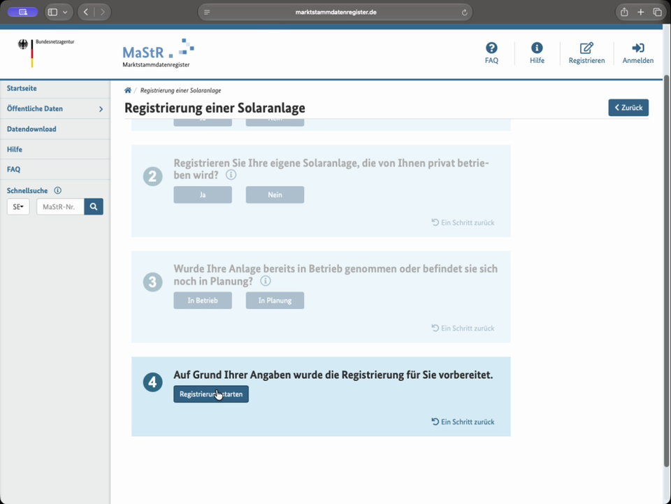 Registrierung starten