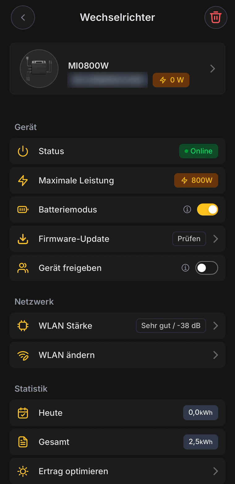 Geräteseite des Wechselrichters mit dem Eintrag Firmware-Update