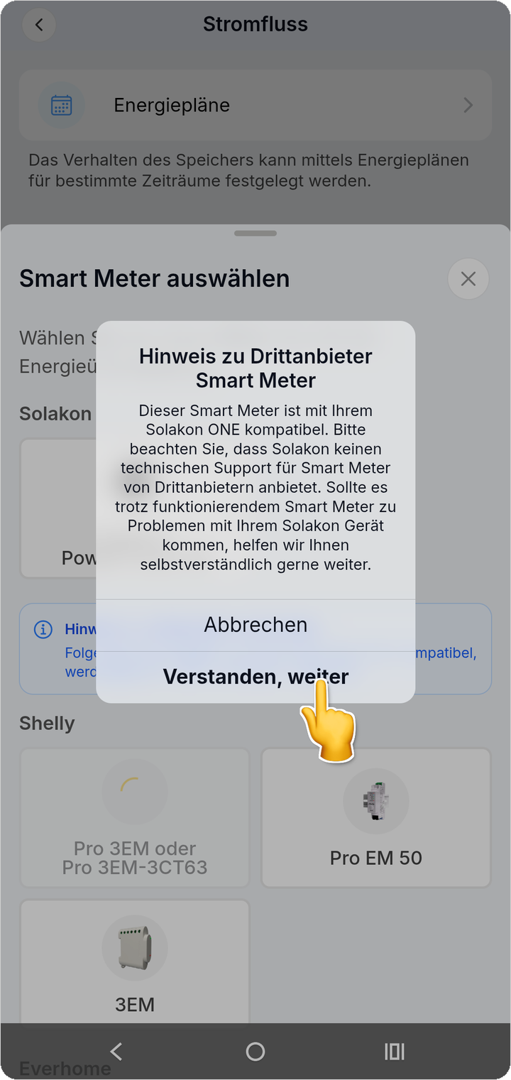 Die App weist darauf hin, dass kompatible Smart Meter von Drittanbietern nicht durch Solakon supportet werden.