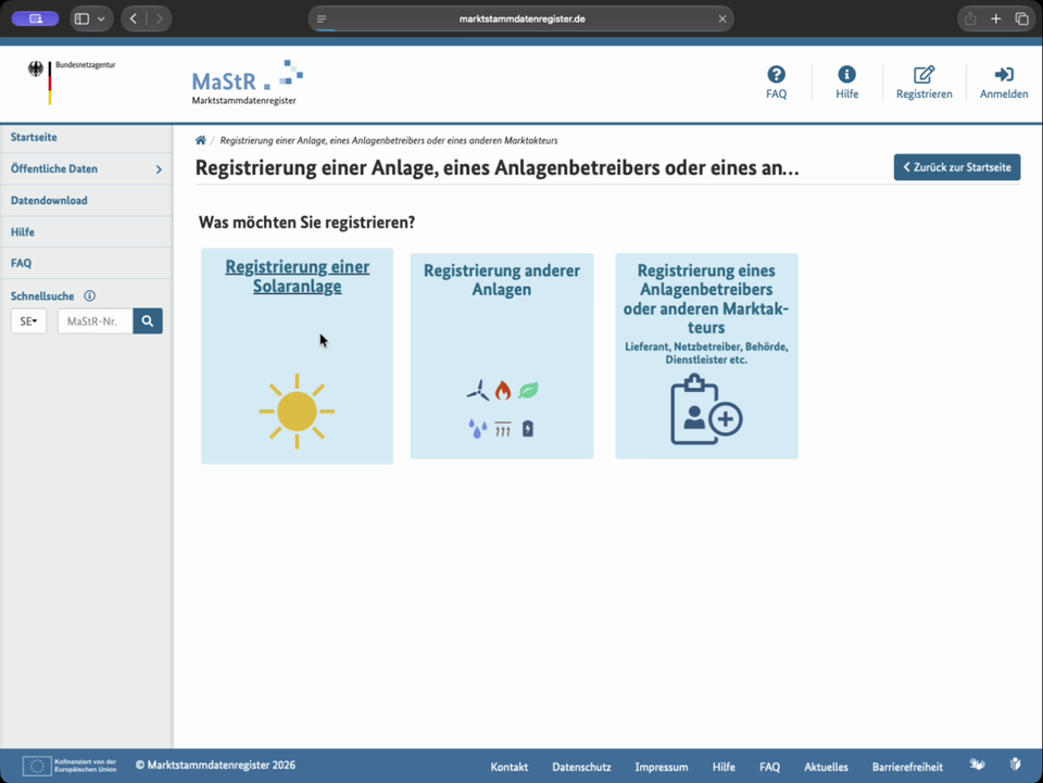 Registrierung einer Solaranlage auswählen