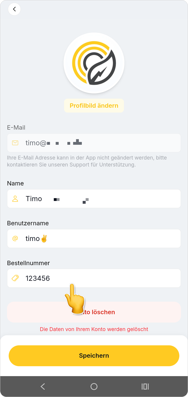 Bestellnummer eingeben und speichern