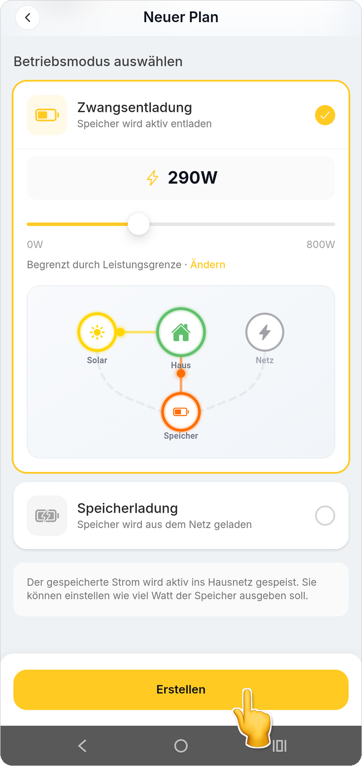 Im Aufnahmebeispiel wurde für die Zwangsentladung eine Leistung von 290 W gewählt.
