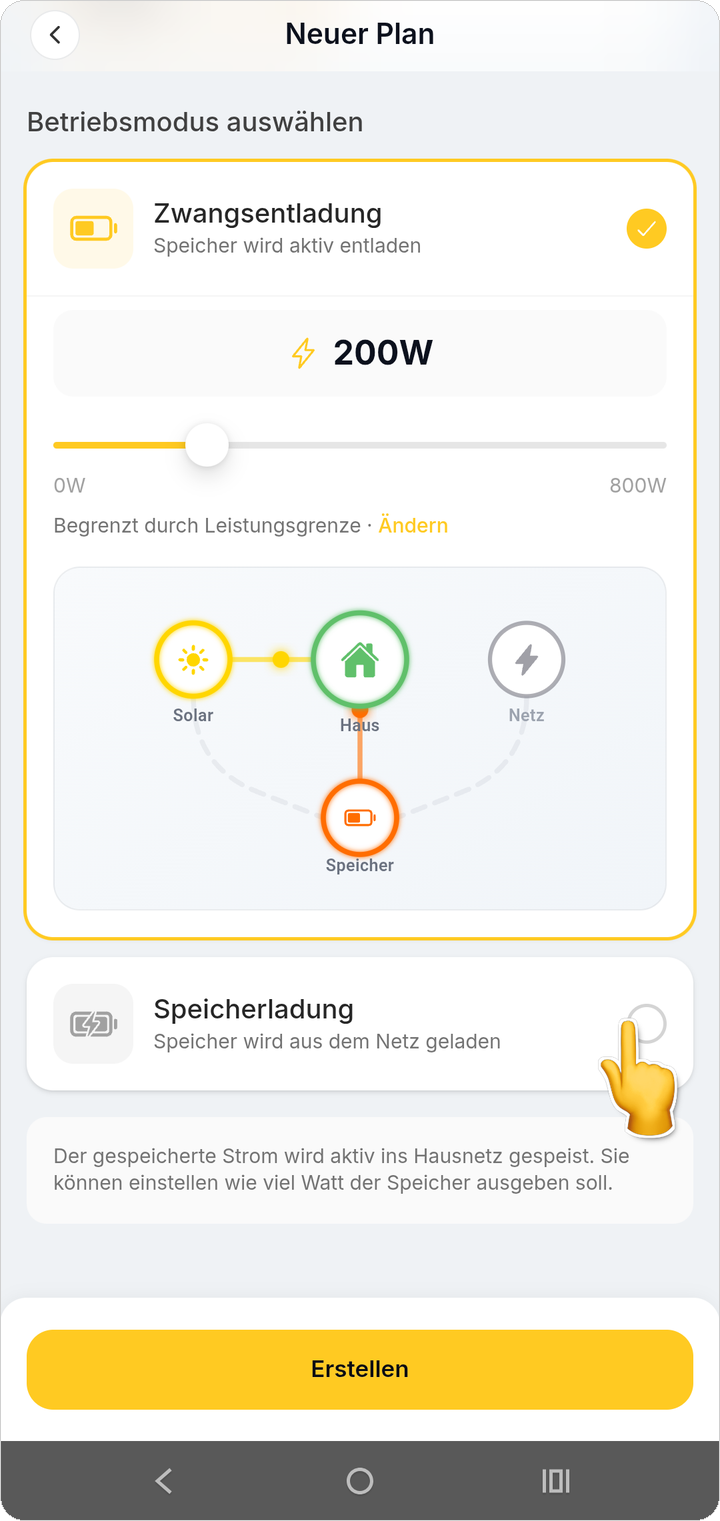 Hier sehen Sie die verfügbaren Betriebsarten für den neuen Energieplan.