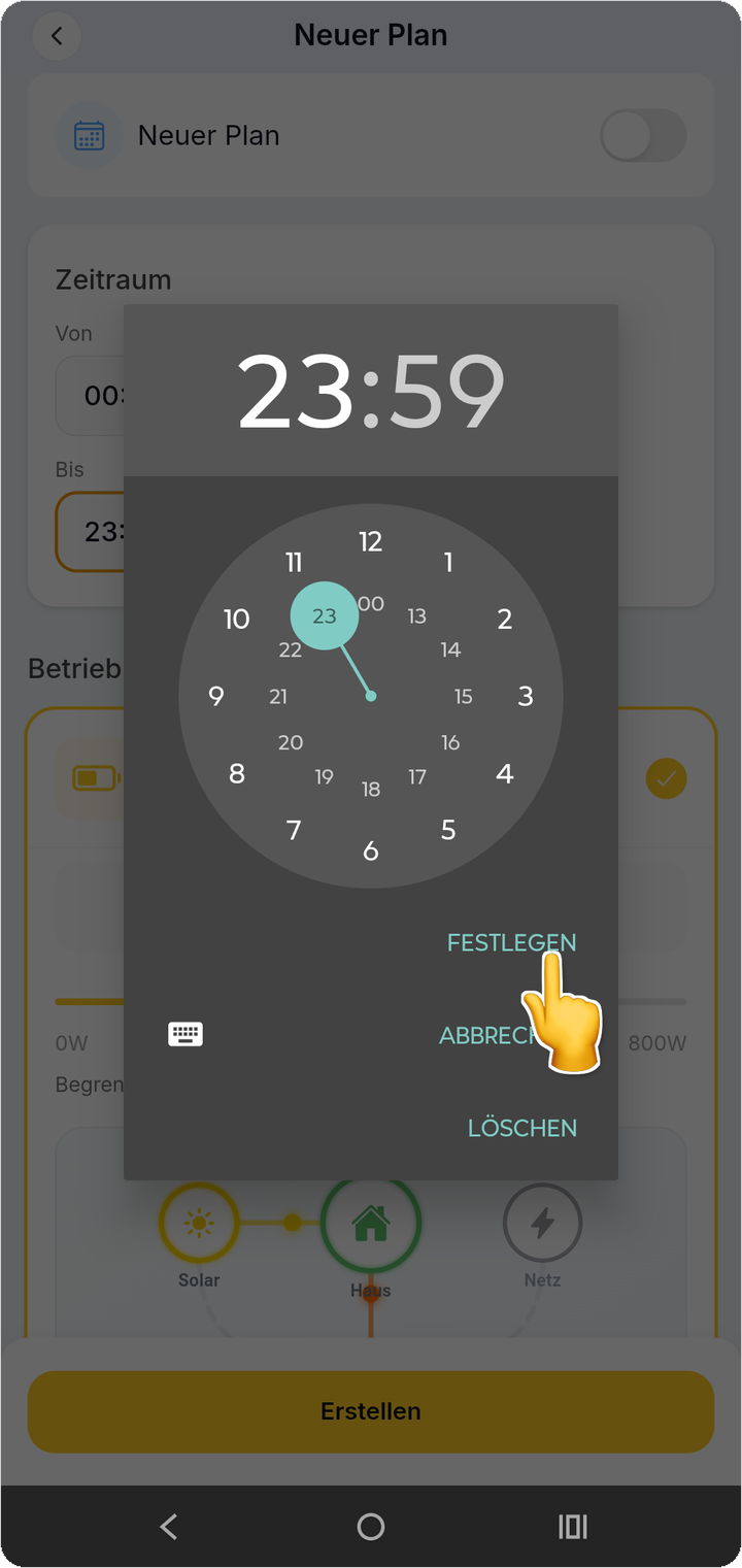 Im Aufnahmebeispiel endet der Energieplan um 23:59 Uhr.