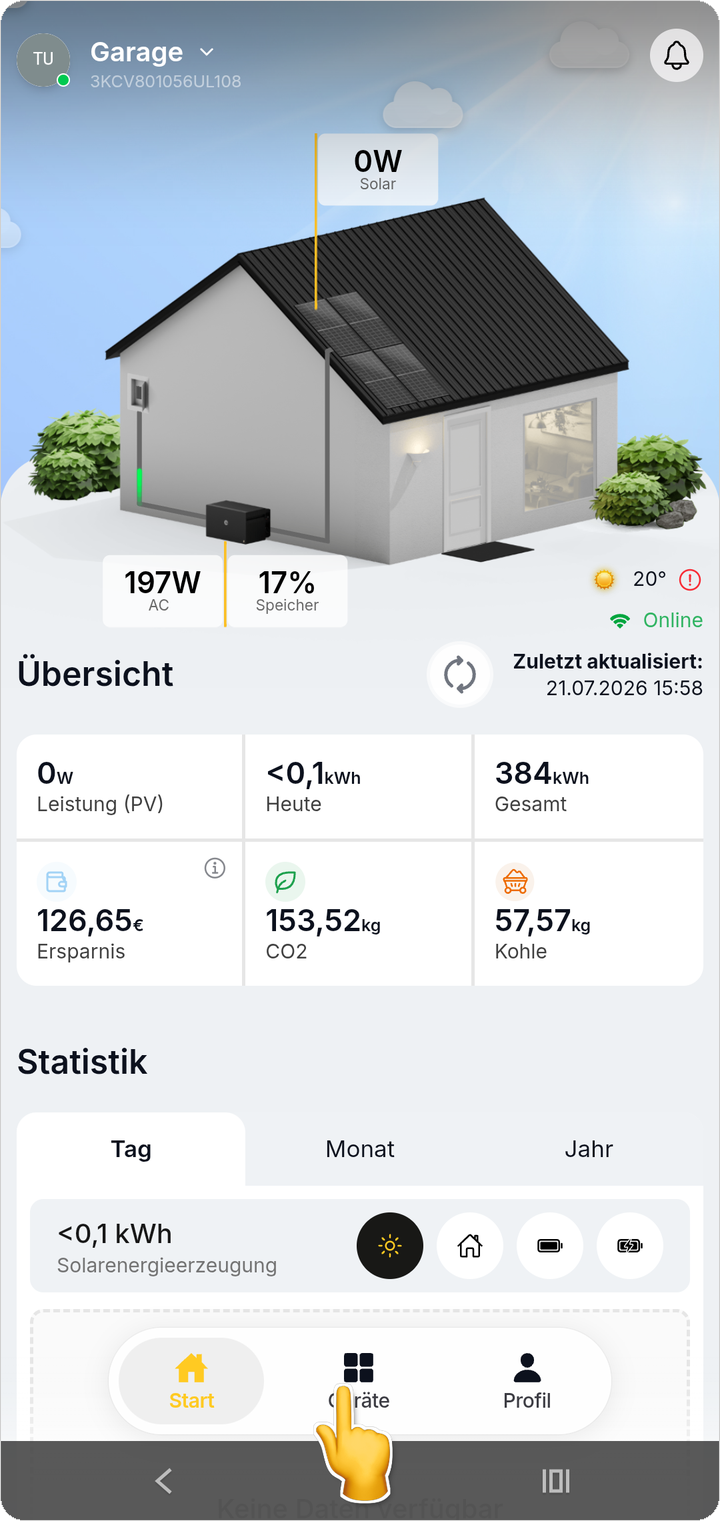 Über den Geräte-Tab wechseln Sie von der Startseite zur Übersicht Ihrer Solakon-Hardware.
