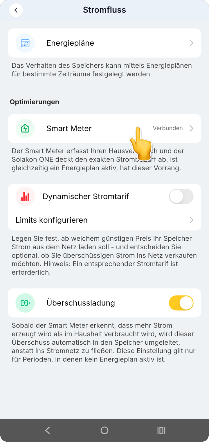 Der Status Verbunden öffnet die Smart-Meter-Details.