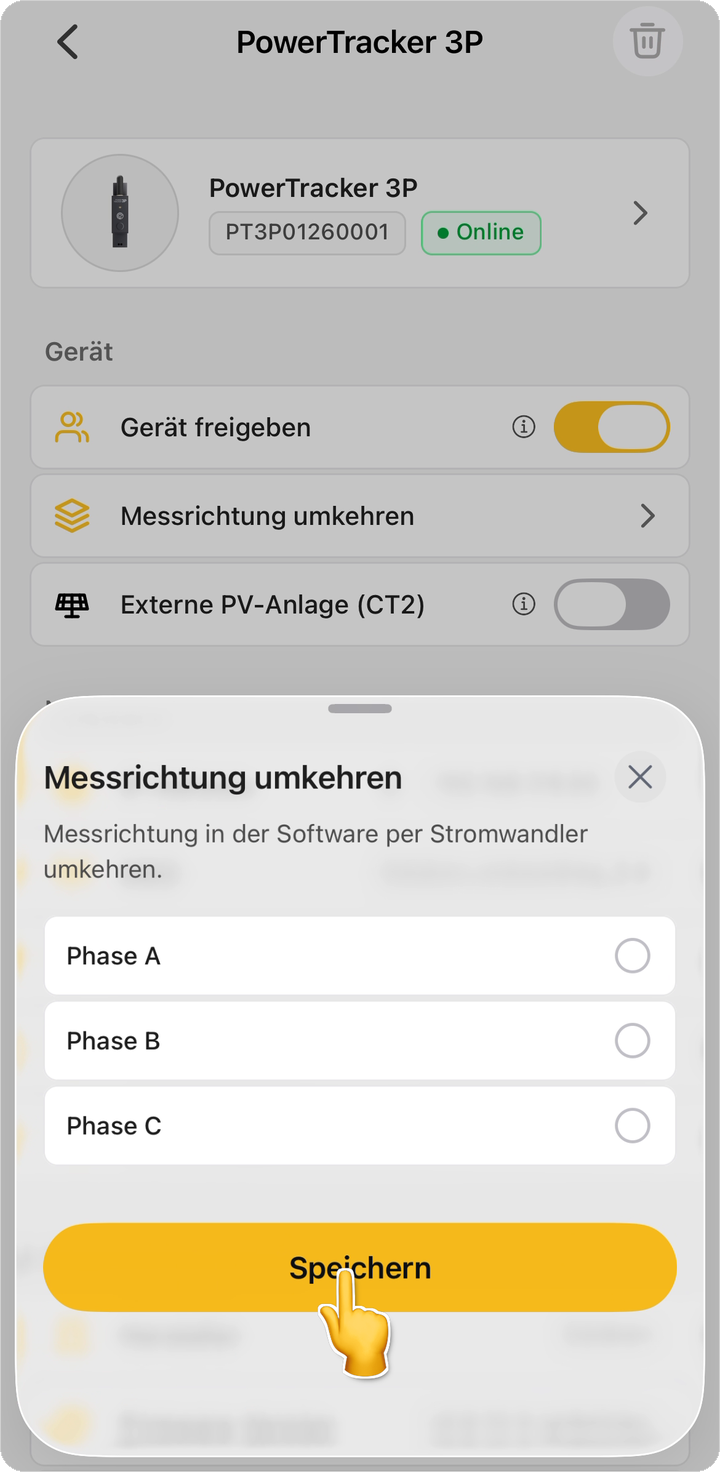 Messrichtung umkehren: Phase wählen und speichern