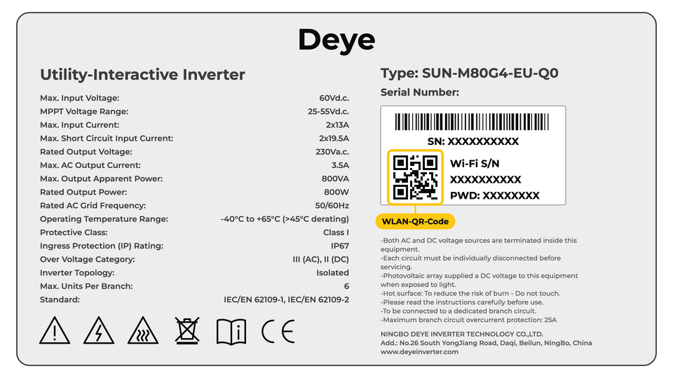 Typenschild des Deye SUN-M80G4 mit WLAN-QR-Code (Seriennummer, Wi-Fi S/N und Passwort ausgeblendet)