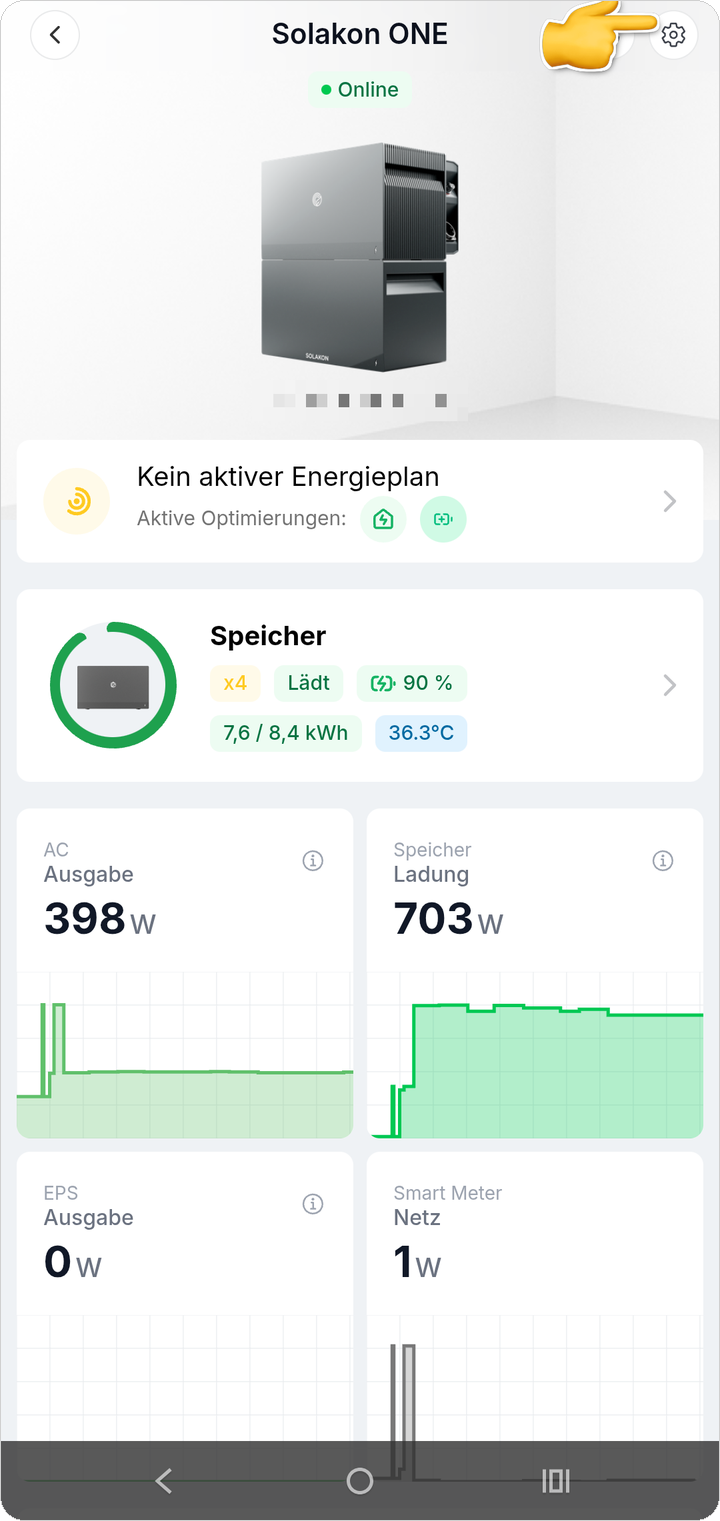 Geräteeinstellungen über das Zahnrad öffnen