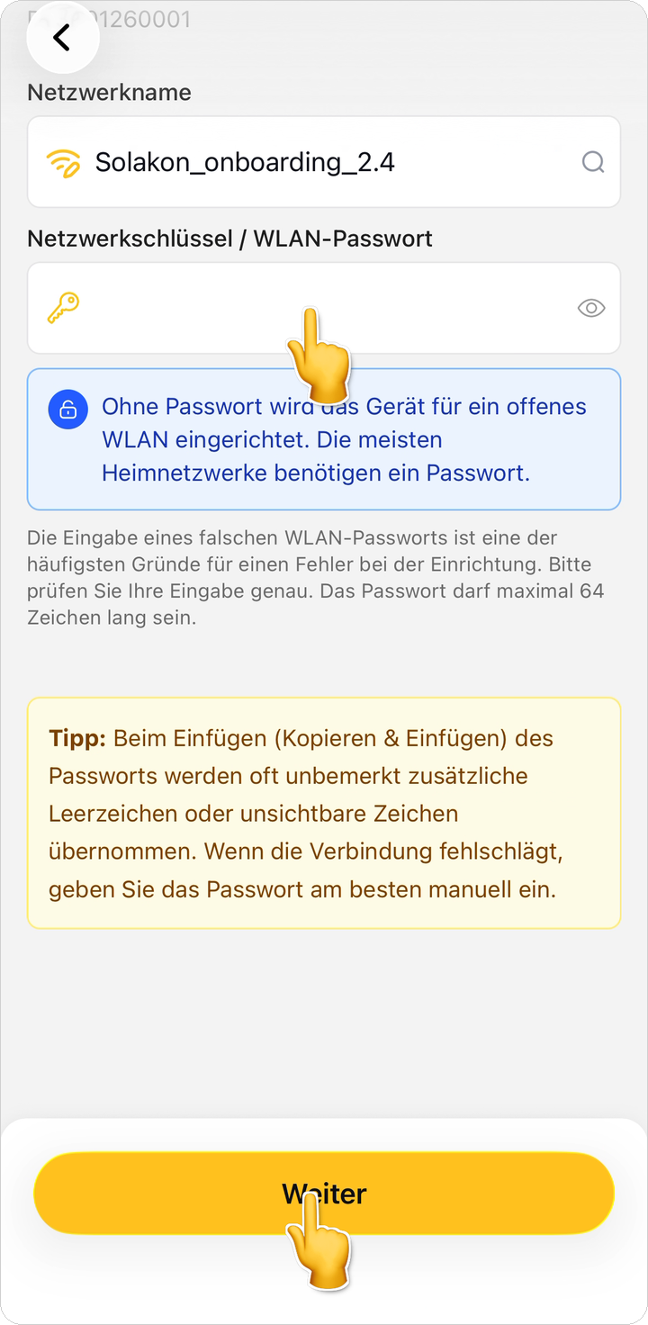 WLAN-Passwort eingeben und Weiter