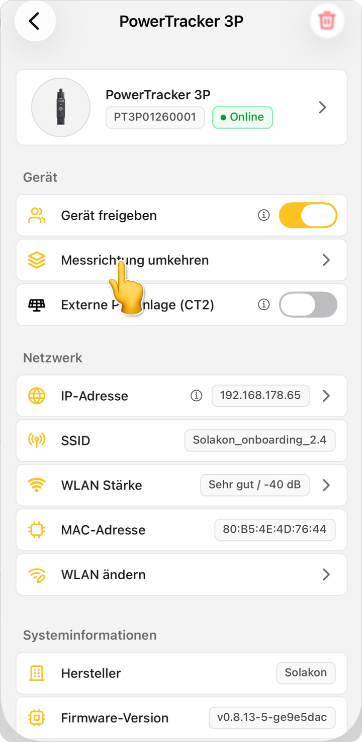 Einstellungen: Messrichtung umkehren und Externe PV-Anlage (CT2)