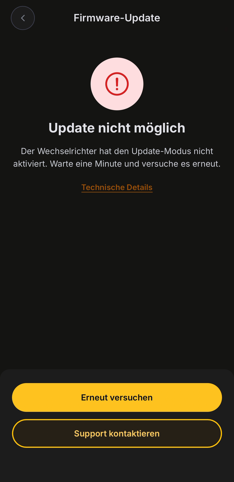 Fehlerbildschirm Update nicht möglich mit den Schaltflächen Erneut versuchen und Support kontaktieren